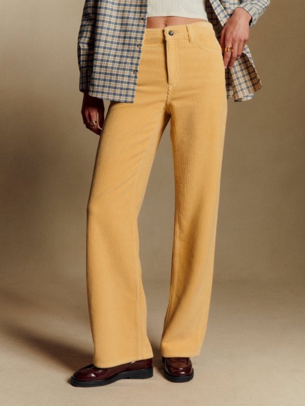 Sézane Mustard Velvet High-Waist Corduroy Wide Straight Leg Pants